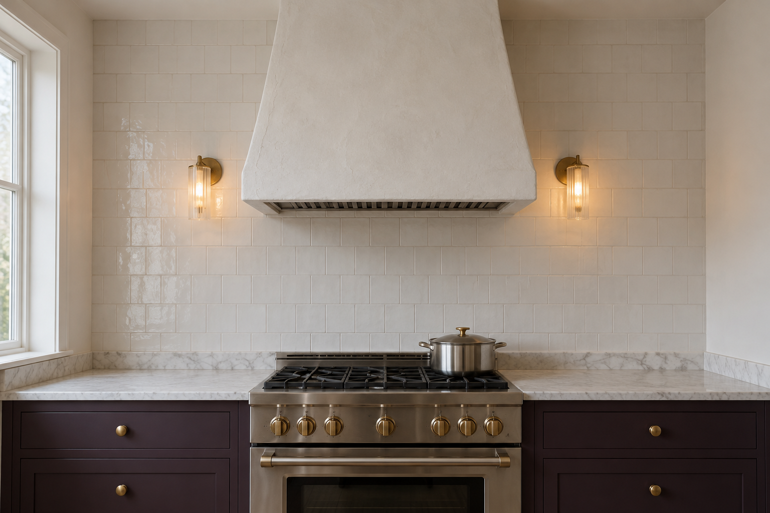 A white plaster range hood above a stove, with a ribbed glass wall light on each side of it and plum painted cabinets below.