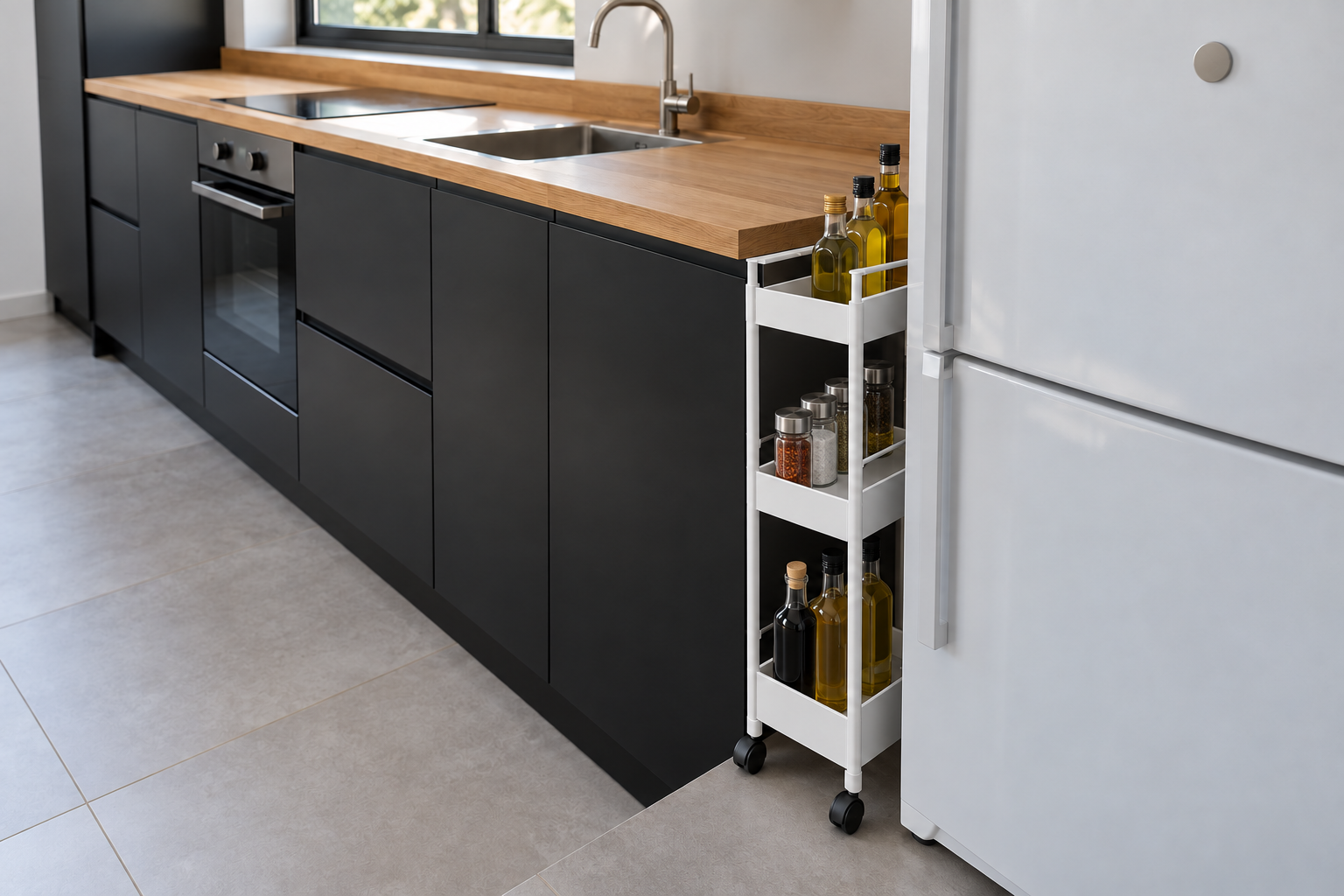 A slim white rolling cart pulled out of the narrow gap between a fridge and the kitchen cabinets.