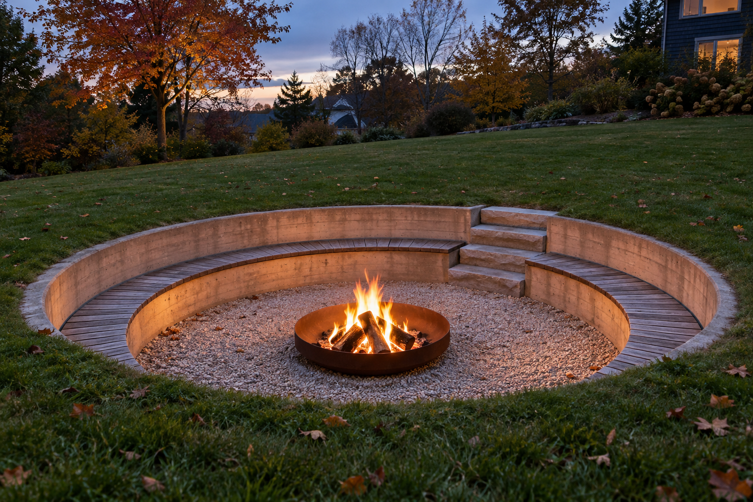 A sunken circular fire pit area below lawn level, with a concrete wall forming a bench around a steel fire dish at dusk.
