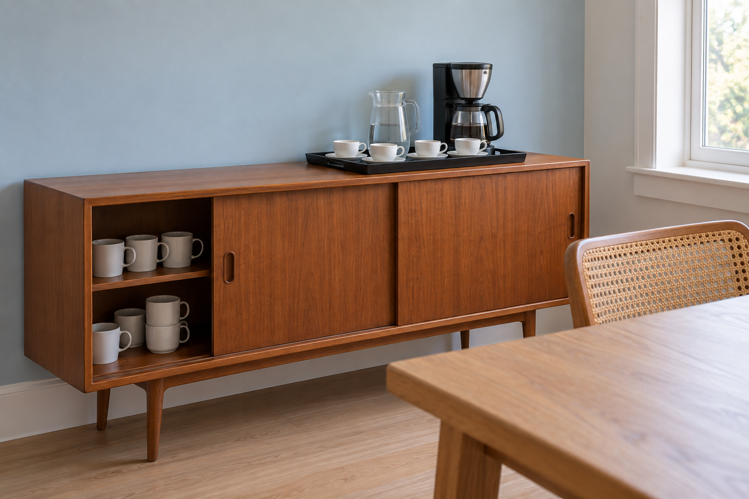 A coffee maker, water jug, and cups on a tray on a teak sideboard in a pale blue dining room.