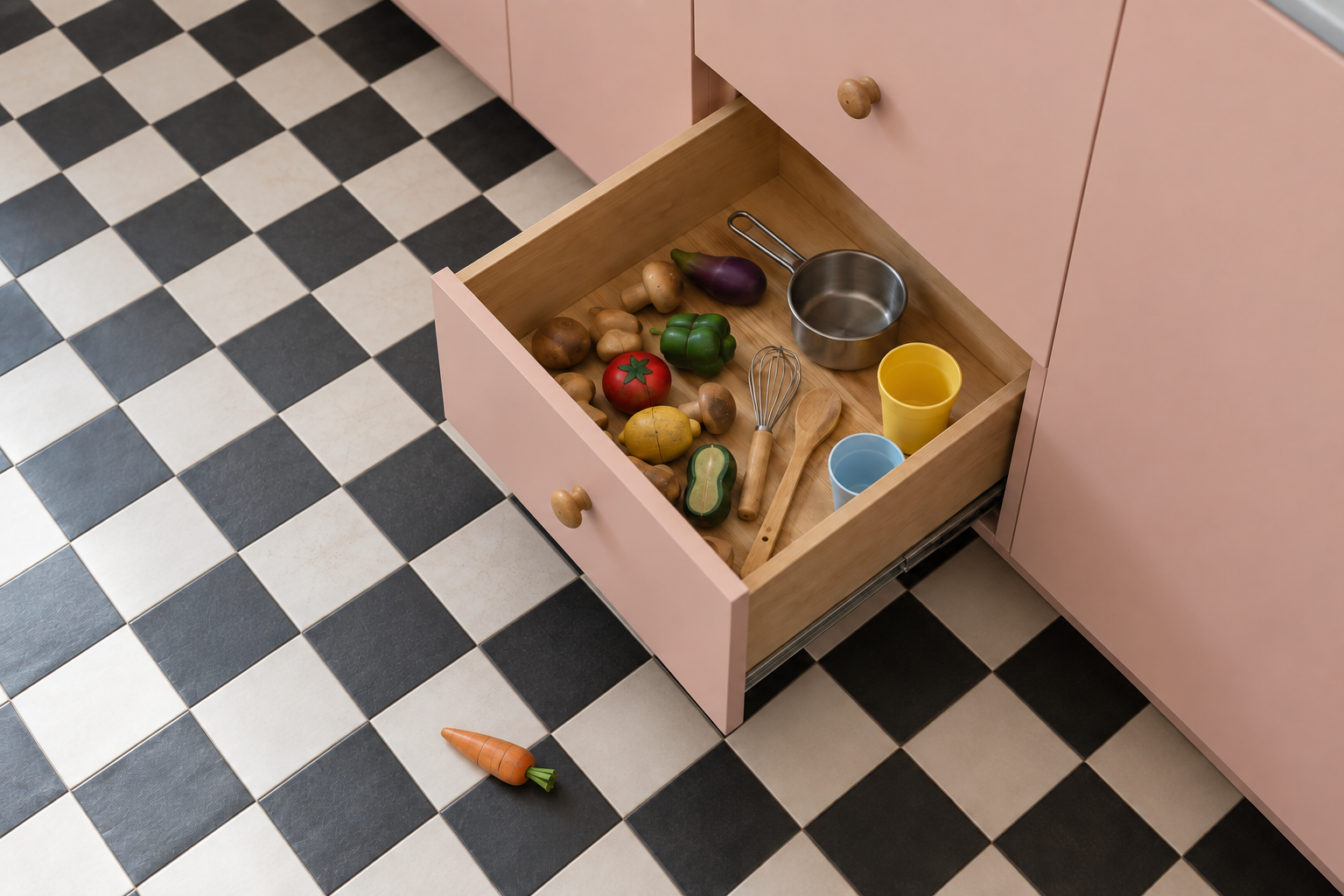 An open bottom kitchen drawer in pink cabinets holding toy vegetables, plastic cups, a whisk, and a wooden spoon.