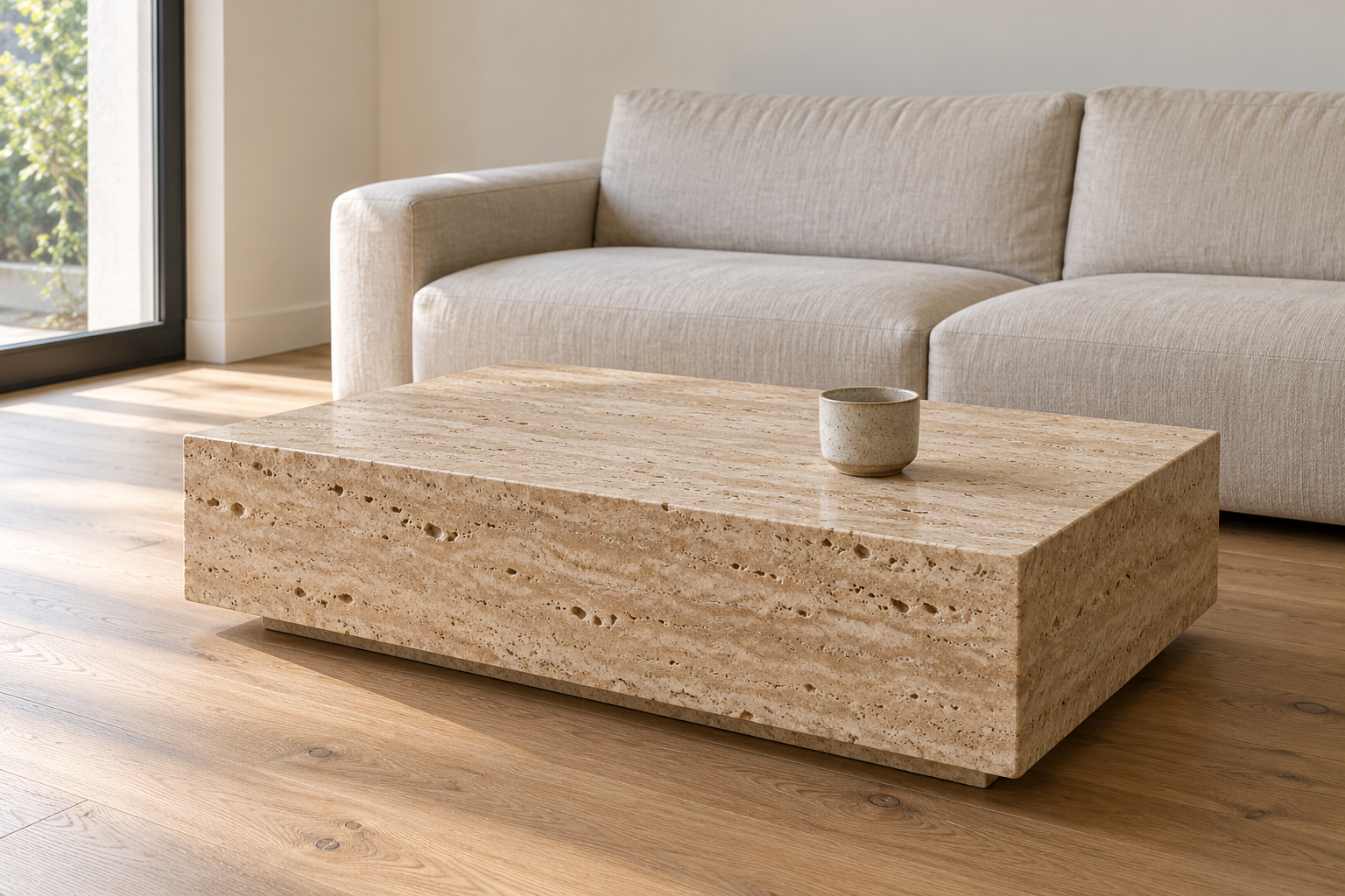 A low coffee table cut from a single block of honed honey travertine, its natural pits visible, in front of a pale linen sofa on an oak floor.
