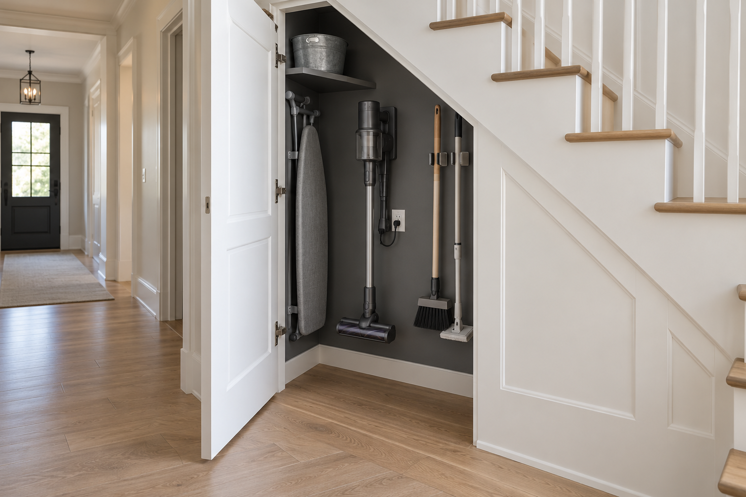 An open cupboard under a staircase holding a cordless vacuum on a charging dock, a mop, a broom, and an ironing board.