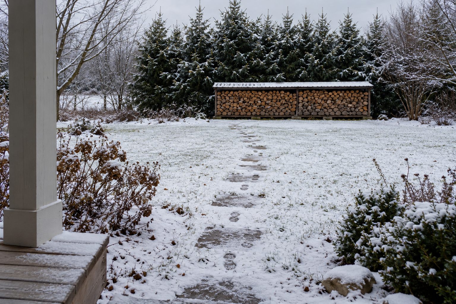 A view from a back porch across a snowy yard to a covered woodpile near a spruce hedge, with a line of footprints leading to it.