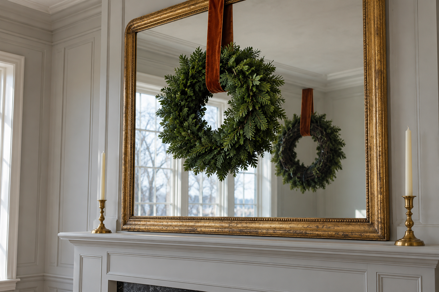 A green wreath hanging on a wide rust velvet ribbon in front of a gilt mirror above a fireplace.