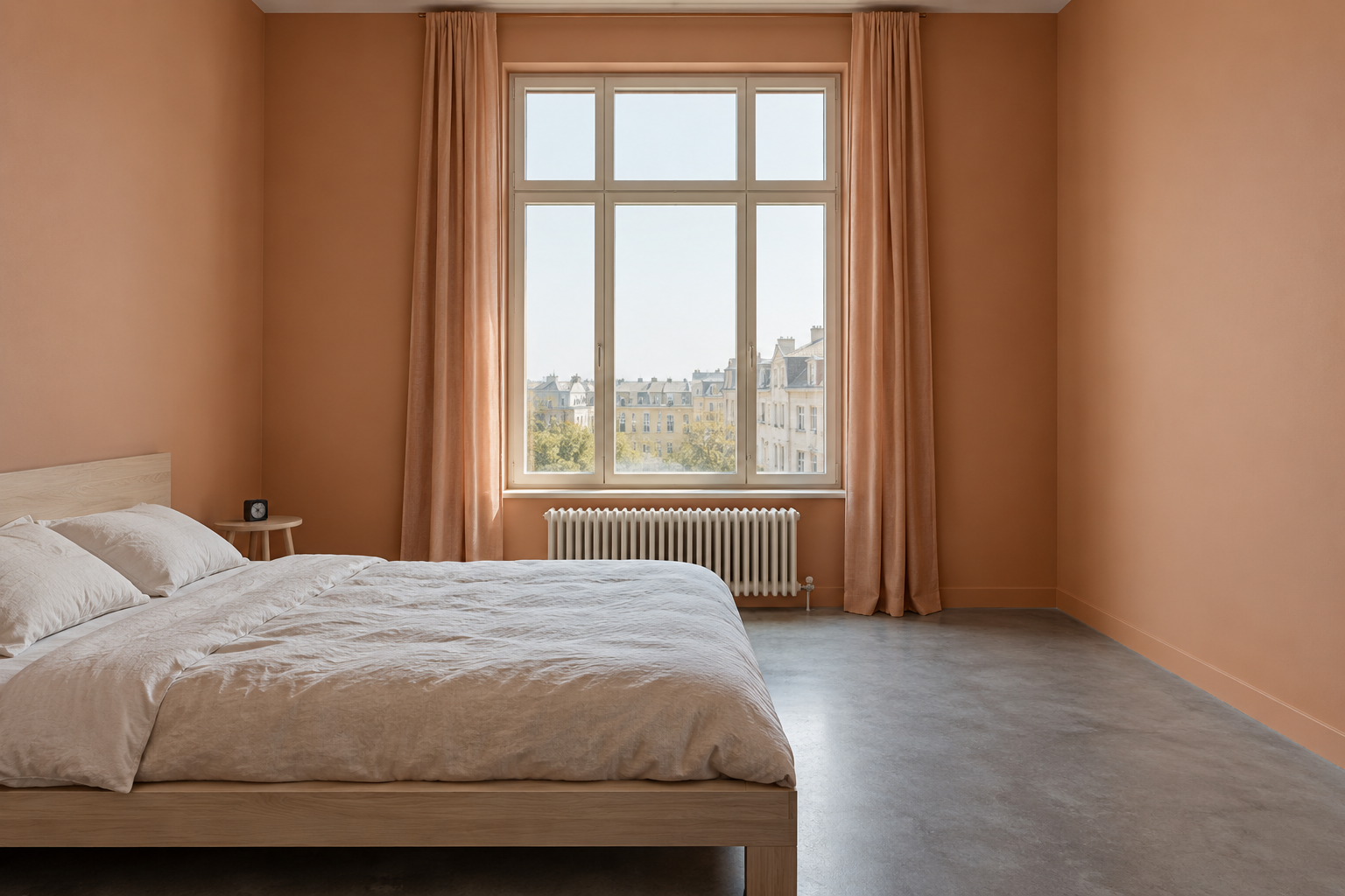 Apricot linen curtains hung near the ceiling against walls painted the same apricot.