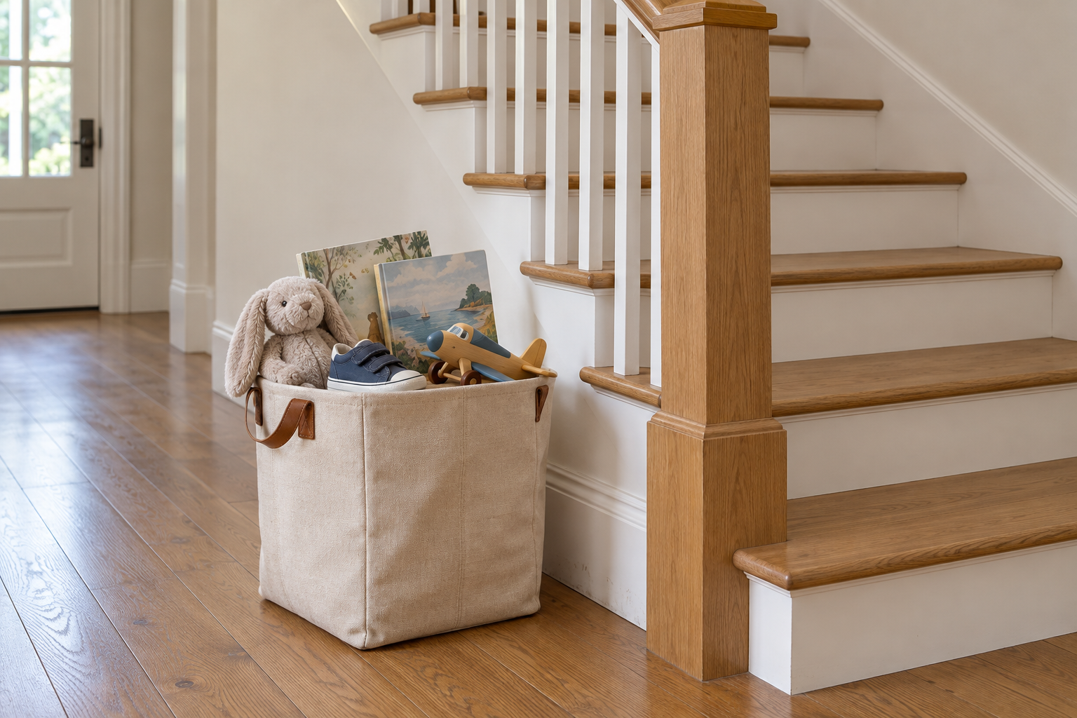 A canvas basket holding a stuffed rabbit, a shoe, and books on the floor beside the bottom step of an oak staircase.