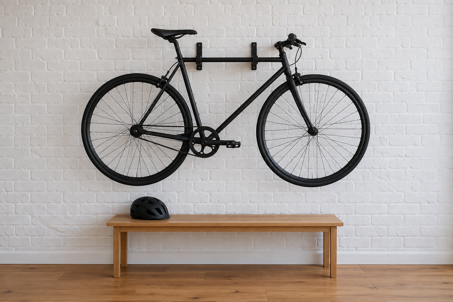 A black bike hung horizontally on a wall rack over a clear floor in an apartment with white brick walls.