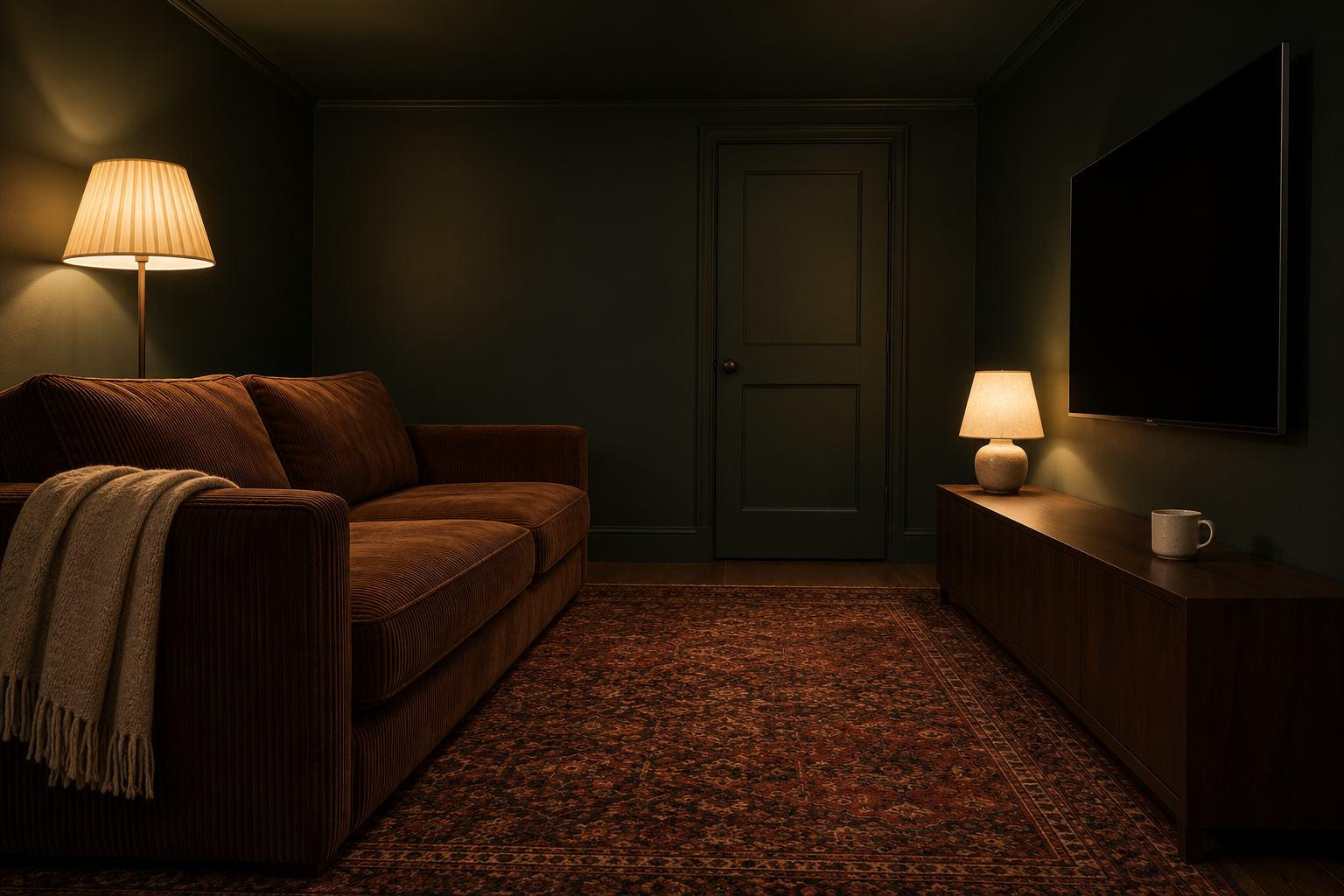 A small snug painted near-black green on walls and ceiling, lit by two lamps beside a corduroy sofa.