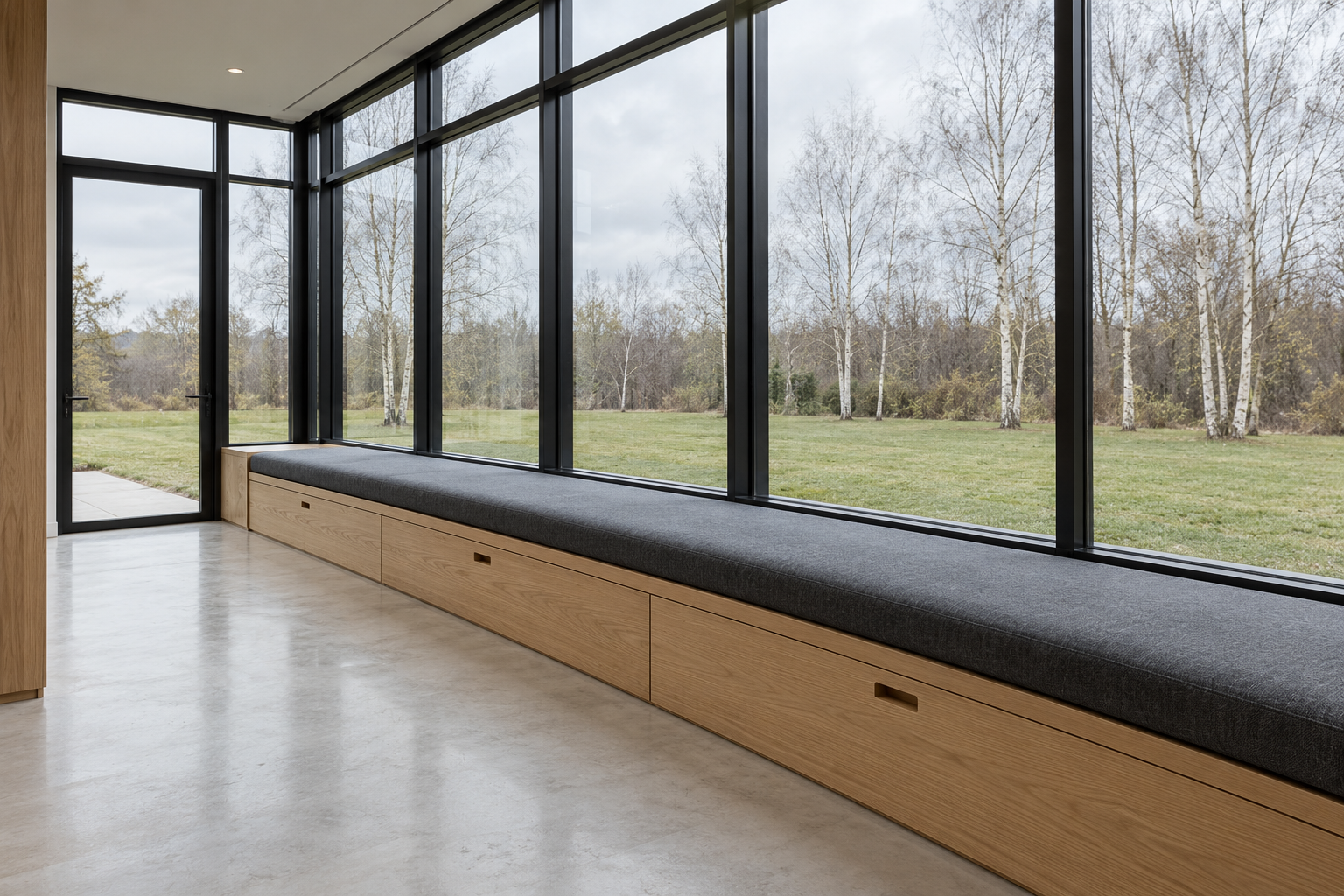 A built-in white oak bench with drawers running along the knee wall under black steel windows in a sunroom, with a charcoal seat cushion.
