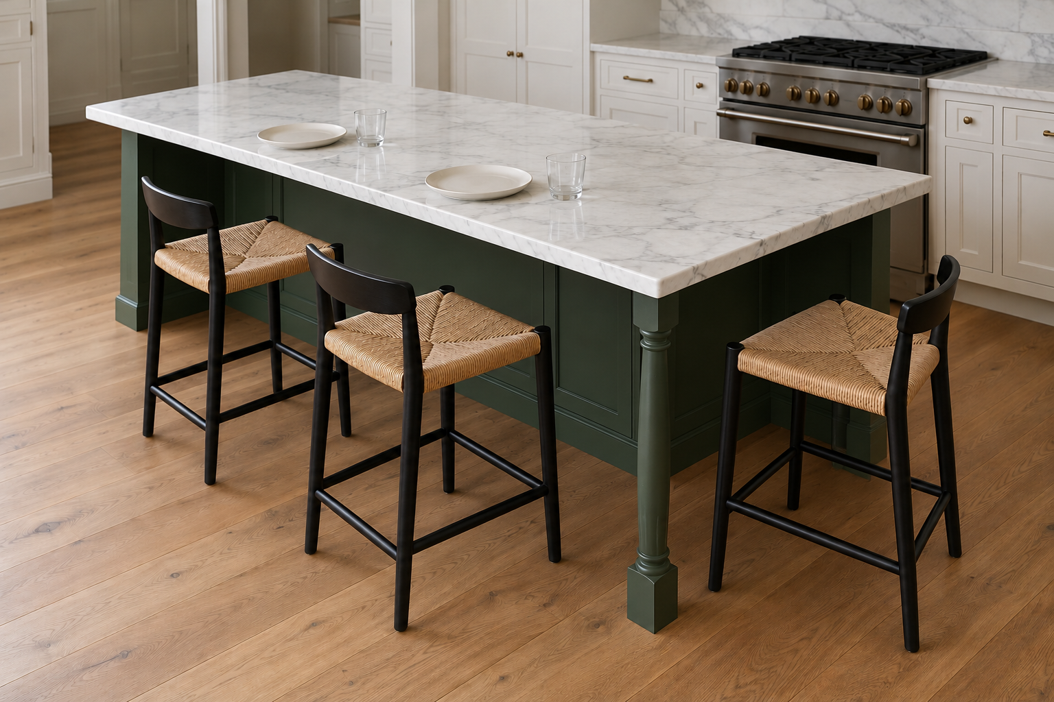 An island with its marble top overhanging two sides at one corner, two stools on the long side and one on the short side.