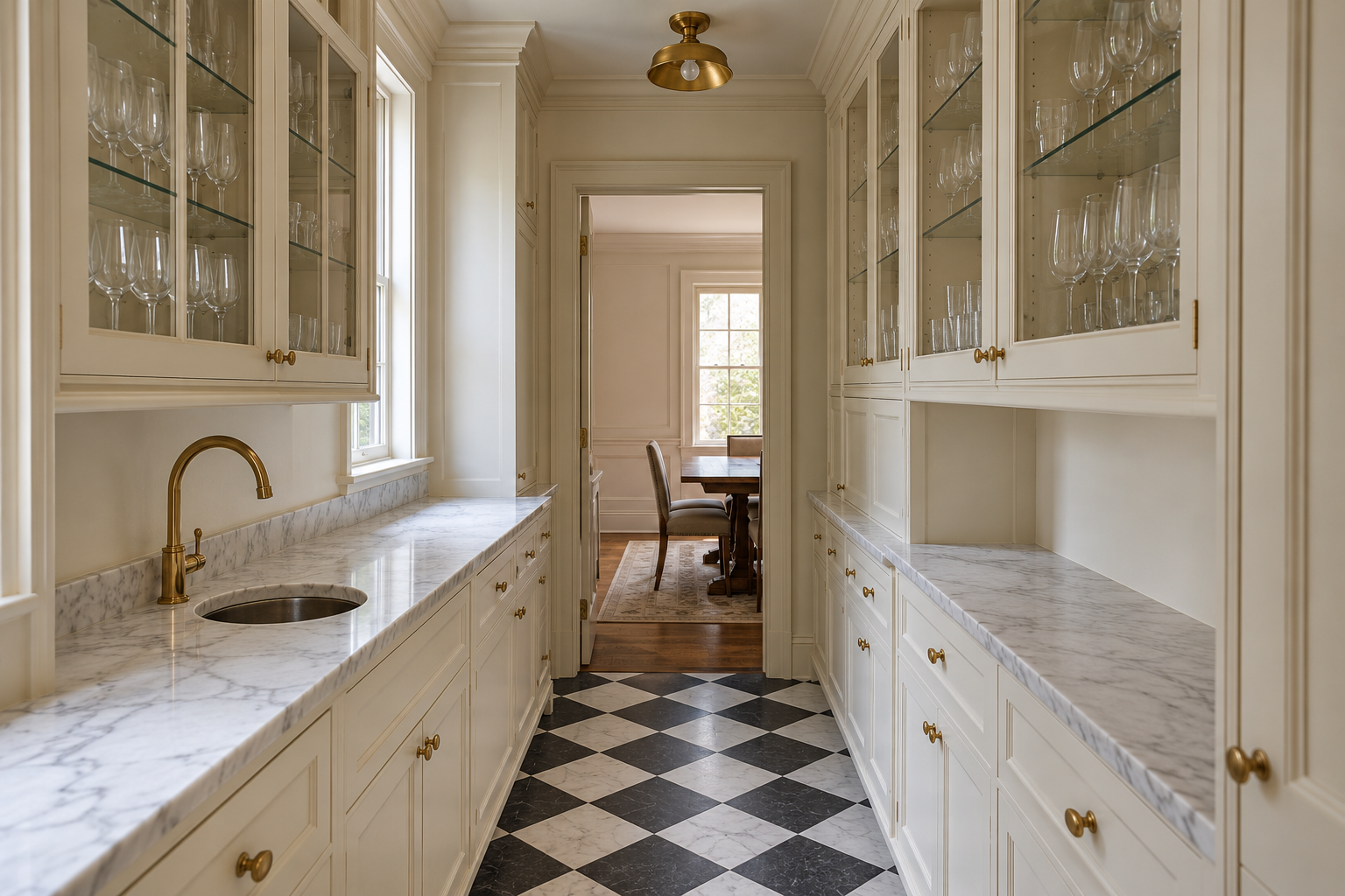 A narrow butler's pantry with cream cabinets, a white marble counter with a small bar sink and brass faucet, glass-fronted upper cabinets holding stemware, and a black and white checkerboard floor.