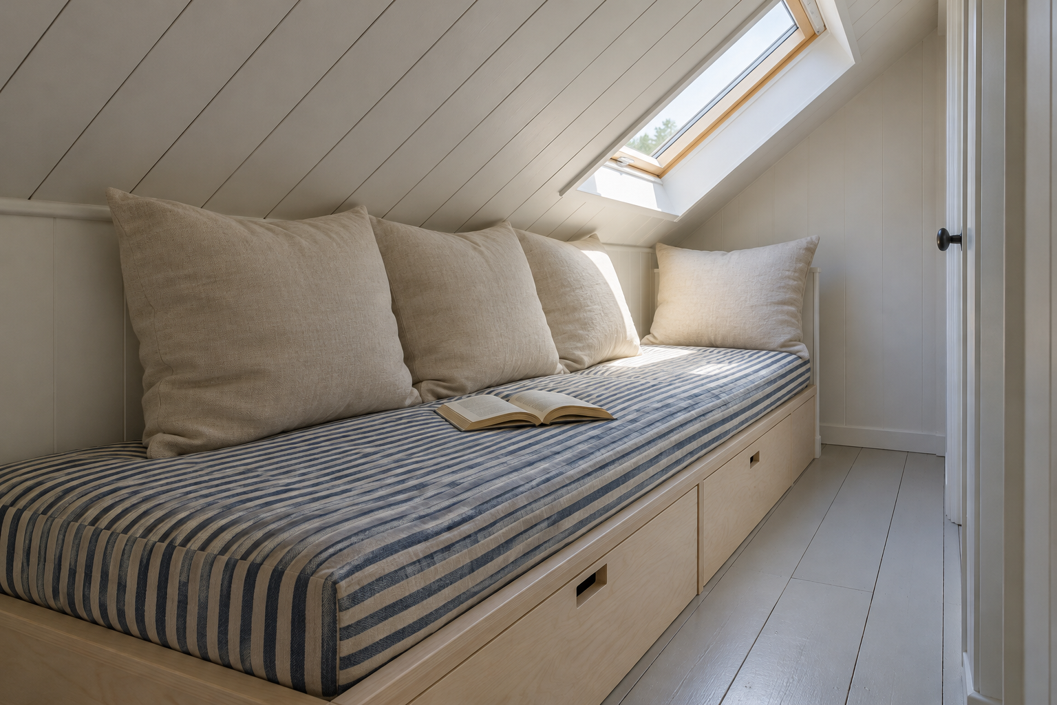 A daybed with an indigo striped mattress along the low wall of an attic room, under a sloping white boarded ceiling with a roof window.