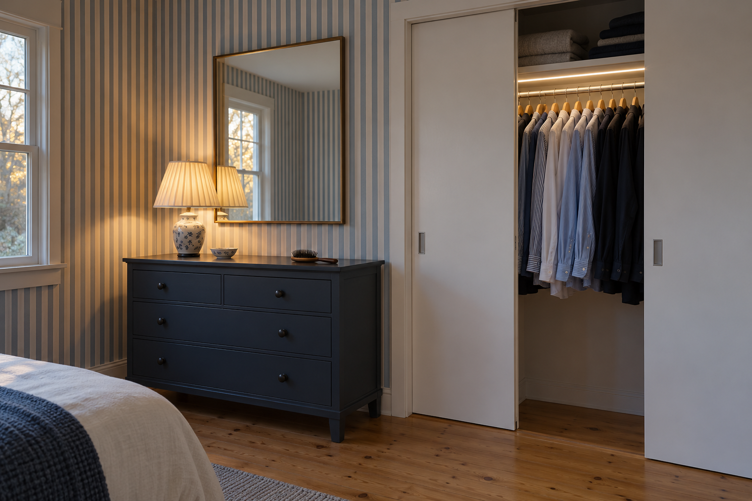 A lamp lit on a dresser beside a mirror, next to an open closet with a light strip above the hanging clothes.
