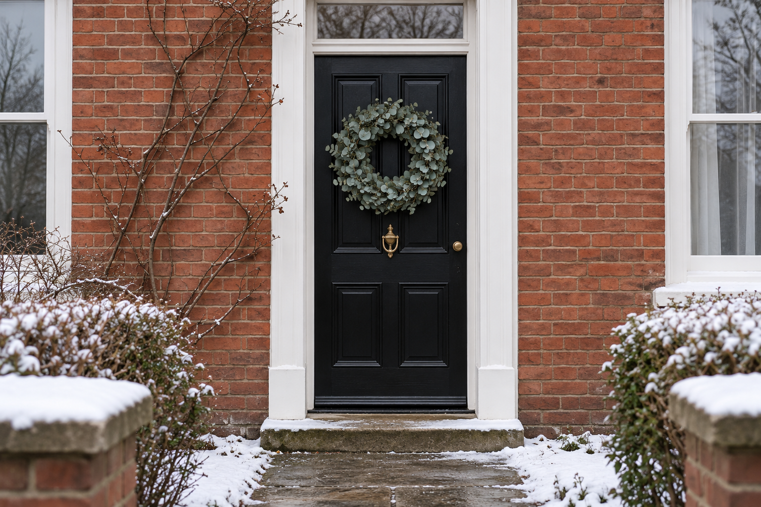 A black front door with a plain wreath of silvery eucalyptus and no ribbon, on a brick house with light snow on the step.