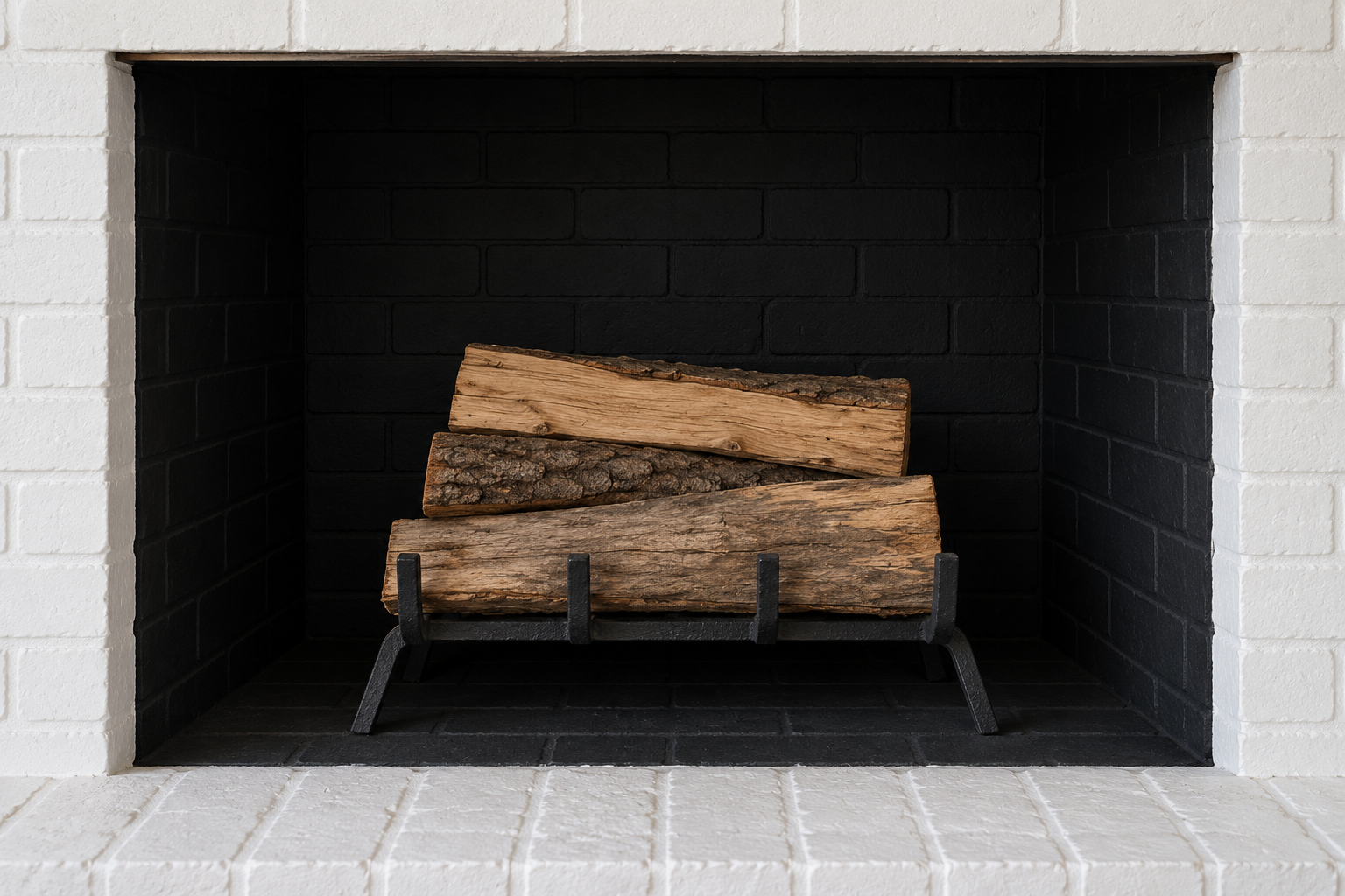 A fireplace opening with its interior painted an even flat black and an iron grate holding three logs.