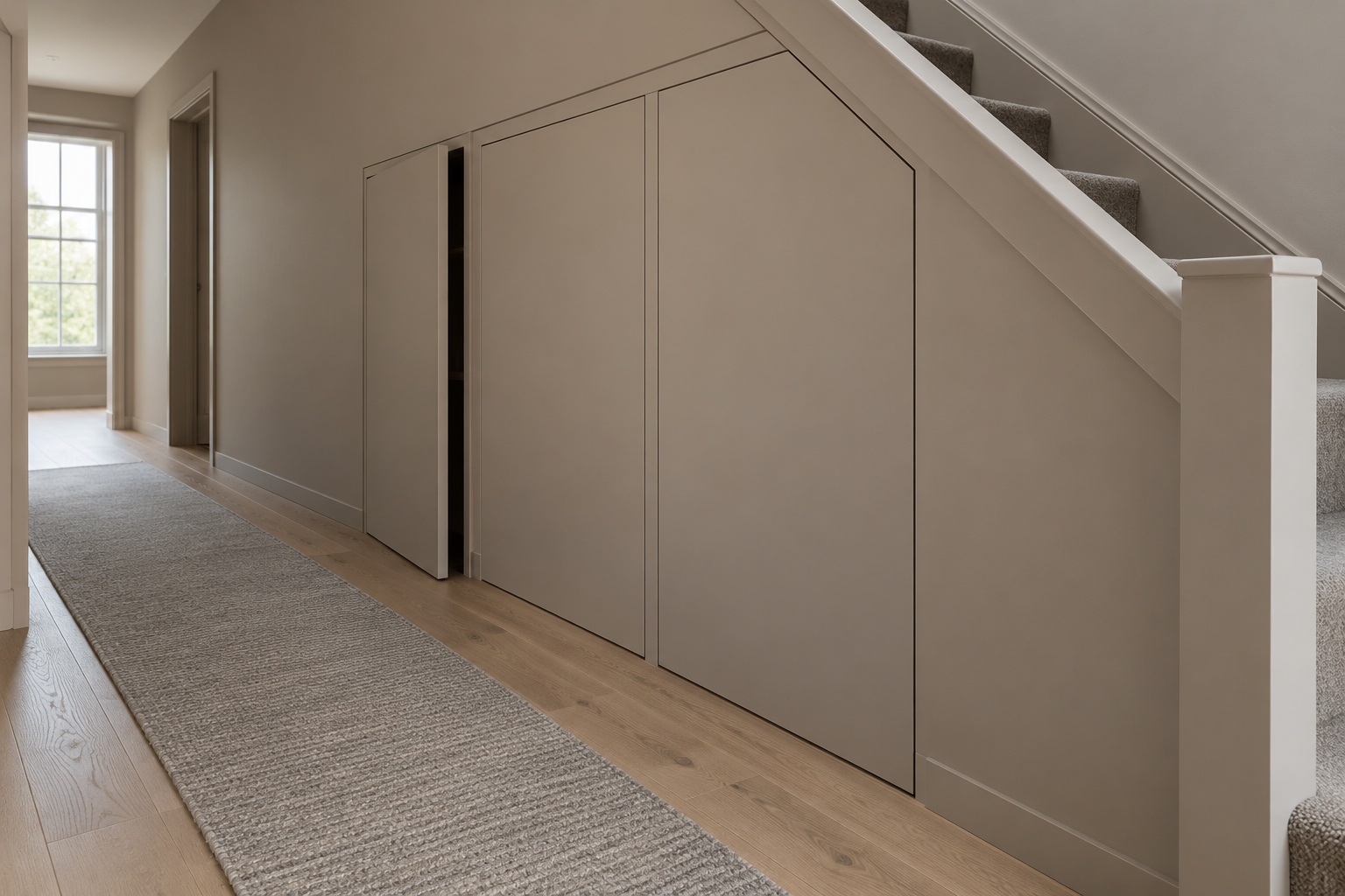 A taupe hallway wall under a staircase with flush handle- free doors, one pushed slightly open.