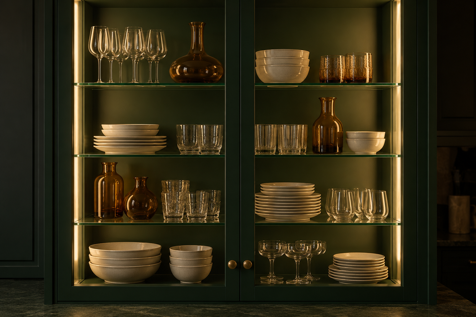A forest green kitchen cabinet with glass doors, lit from inside at night so its glass shelves of glasses and stoneware glow.