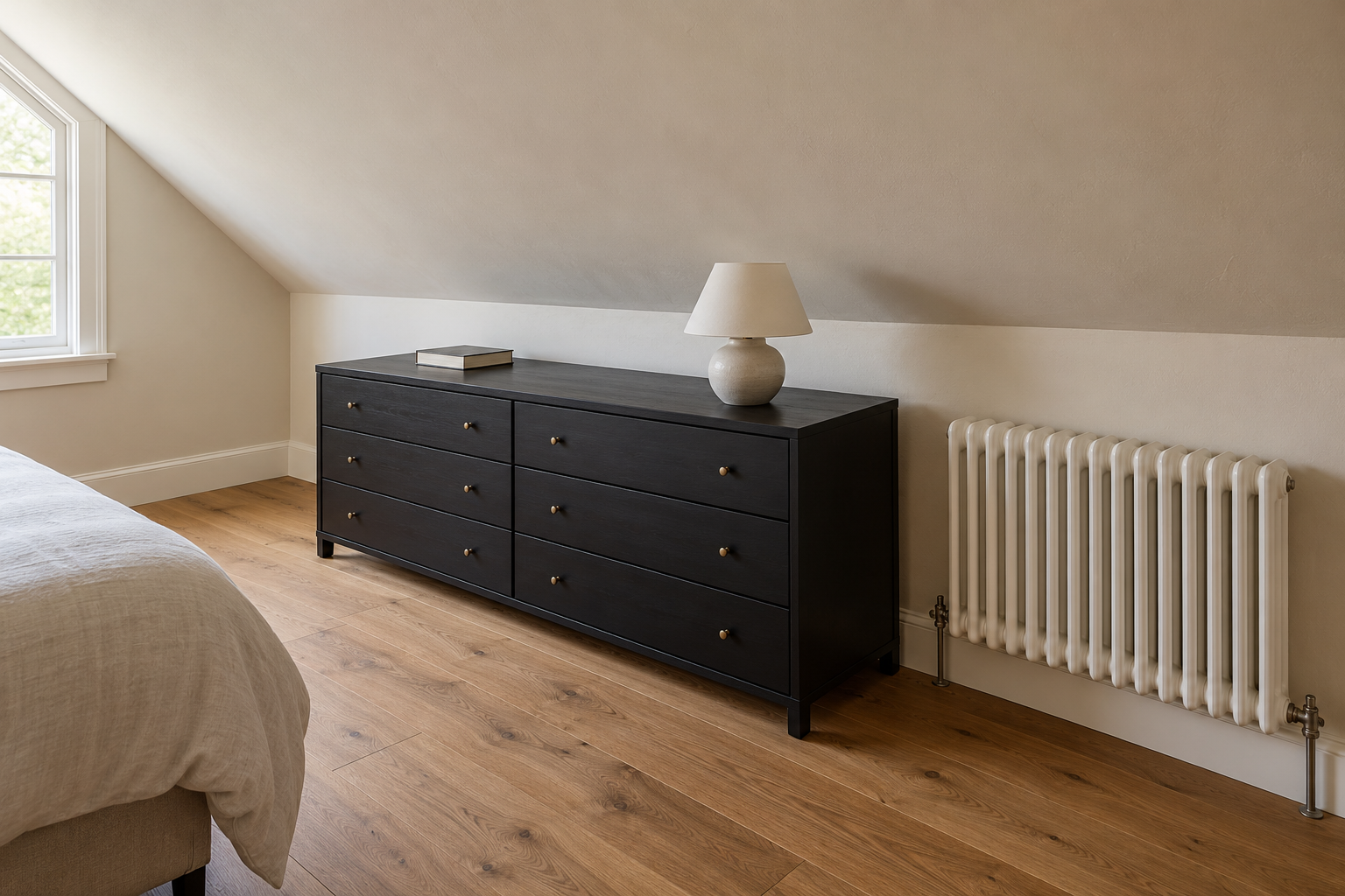 A low black chest of drawers standing against the knee wall of an attic bedroom, fitting under the sloping ceiling, with a radiator beside it.
