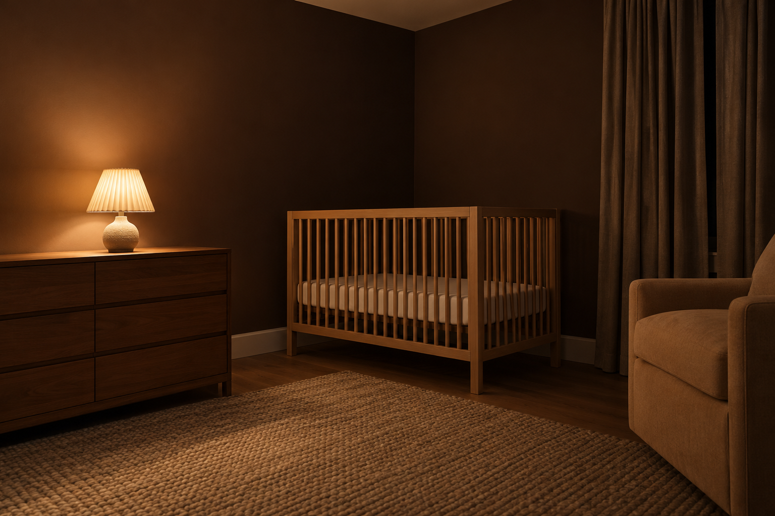 A nursery at night lit only by a small lamp with a pleated shade on a low dresser, with chocolate brown walls and a bare crib in soft shadow.
