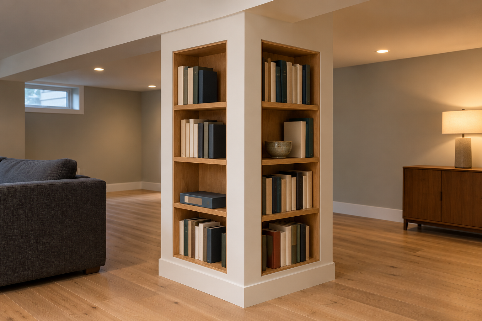 A square column in the middle of a basement room built around the support post, with oak shelves on its faces holding books and a board game.