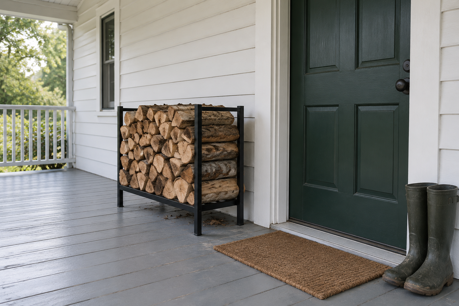 A small steel rack of split logs on a covered porch beside a dark green door, raised off the boards and set out from the wall.