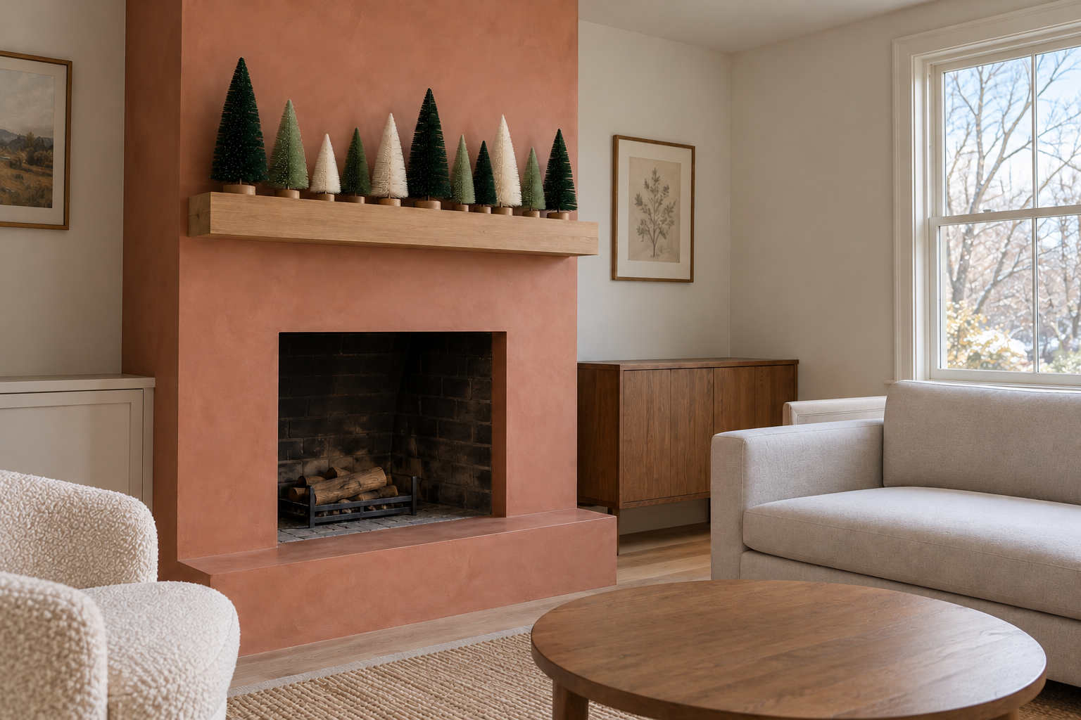 A row of small bottle brush trees in green and white, in mixed heights, along a pale oak mantel shelf on a terracotta pink wall.