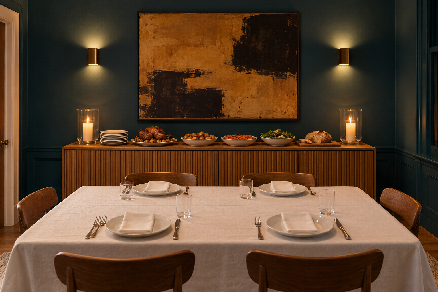 A dining table set with plates and glasses only, and serving dishes with candles in hurricanes laid out on a fluted oak sideboard against a deep teal wall.