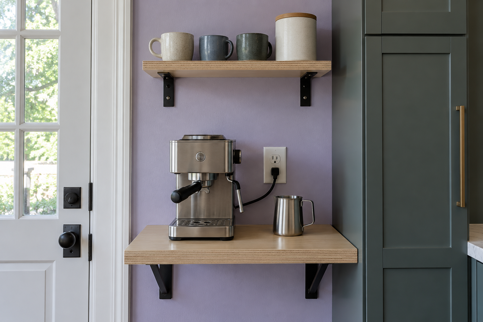 An espresso machine on a deep plywood shelf on a narrow lilac wall, with a second shelf of mugs above.