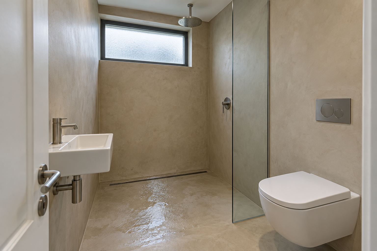 A small wet room finished in sand colored cement, with an open shower at one end, a floor drain, and a single glass panel.