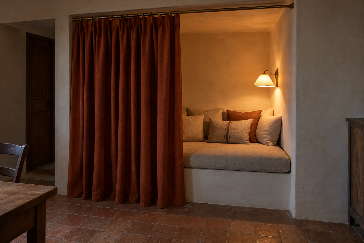 A cushioned alcove seat seen past a half-drawn terracotta wool curtain hung from a brass rail, lit by a small lamp inside.