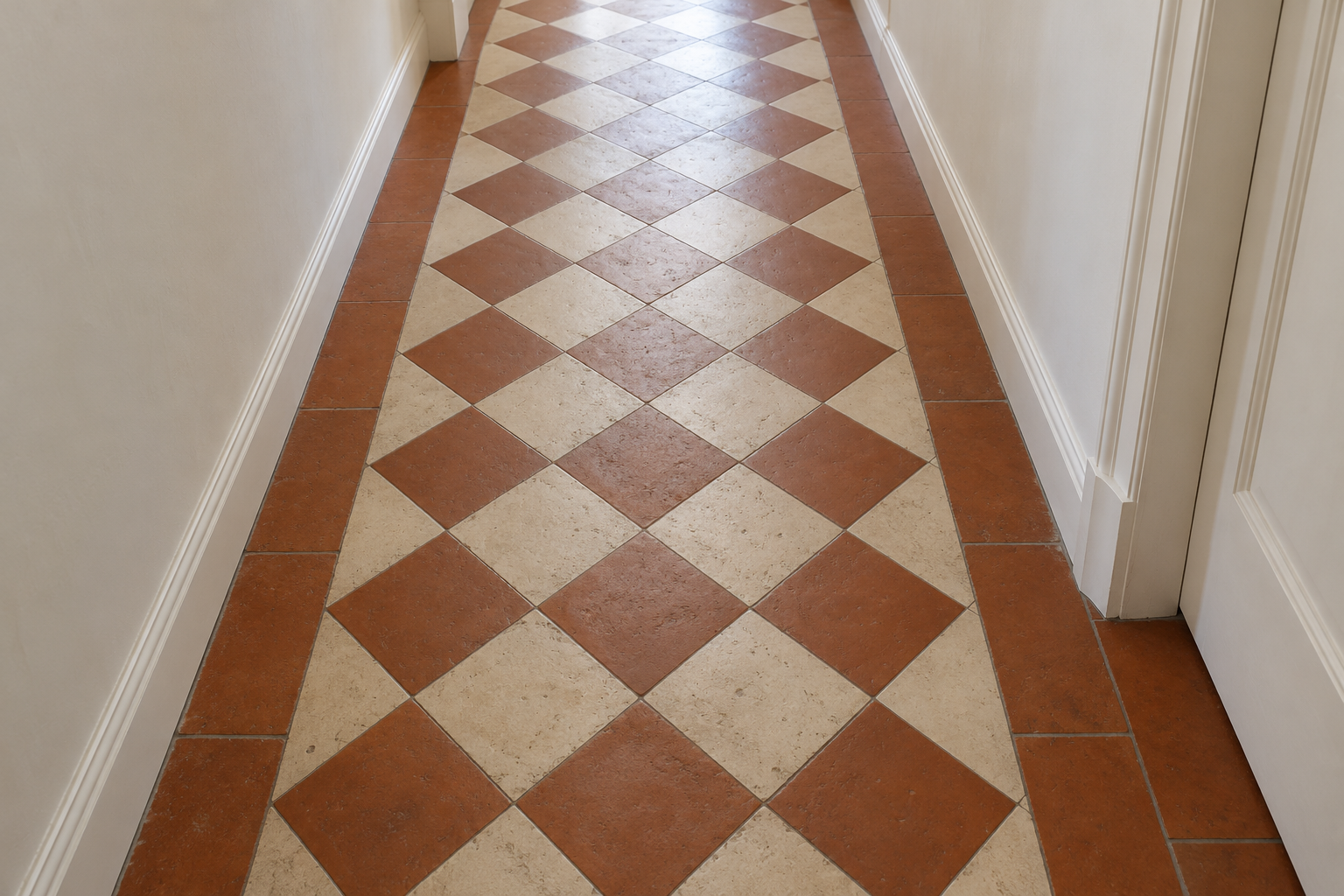 A hallway floor of terracotta and cream tiles laid as a checkerboard on the diagonal, seen from above between white baseboards.