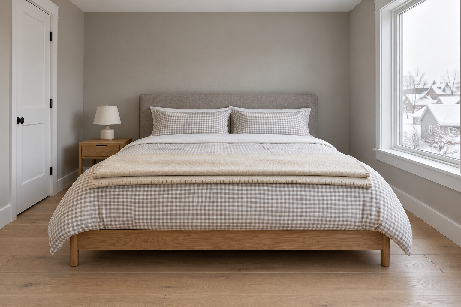 A bed made with gray and cream check flannel bedding and a natural wool blanket folded across the foot, in a warm gray bedroom with snow at the window.
