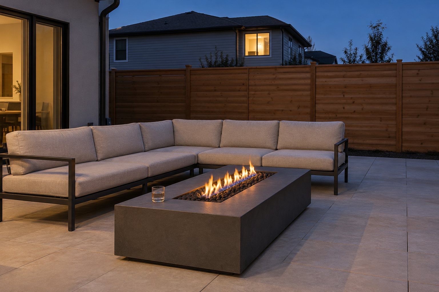 A rectangular concrete gas fire table burning on a small patio beside a wooden fence, with a low outdoor sofa on two sides.
