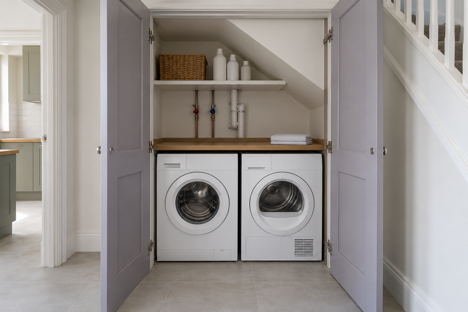 A washer and dryer under a wood counter in a cupboard beneath a staircase, with lilac-gray doors standing open.