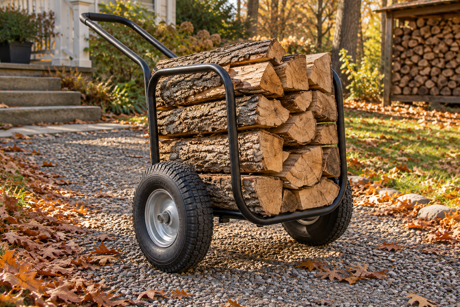 A two-wheeled steel log cart loaded with split firewood on a gravel path covered in oak leaves.