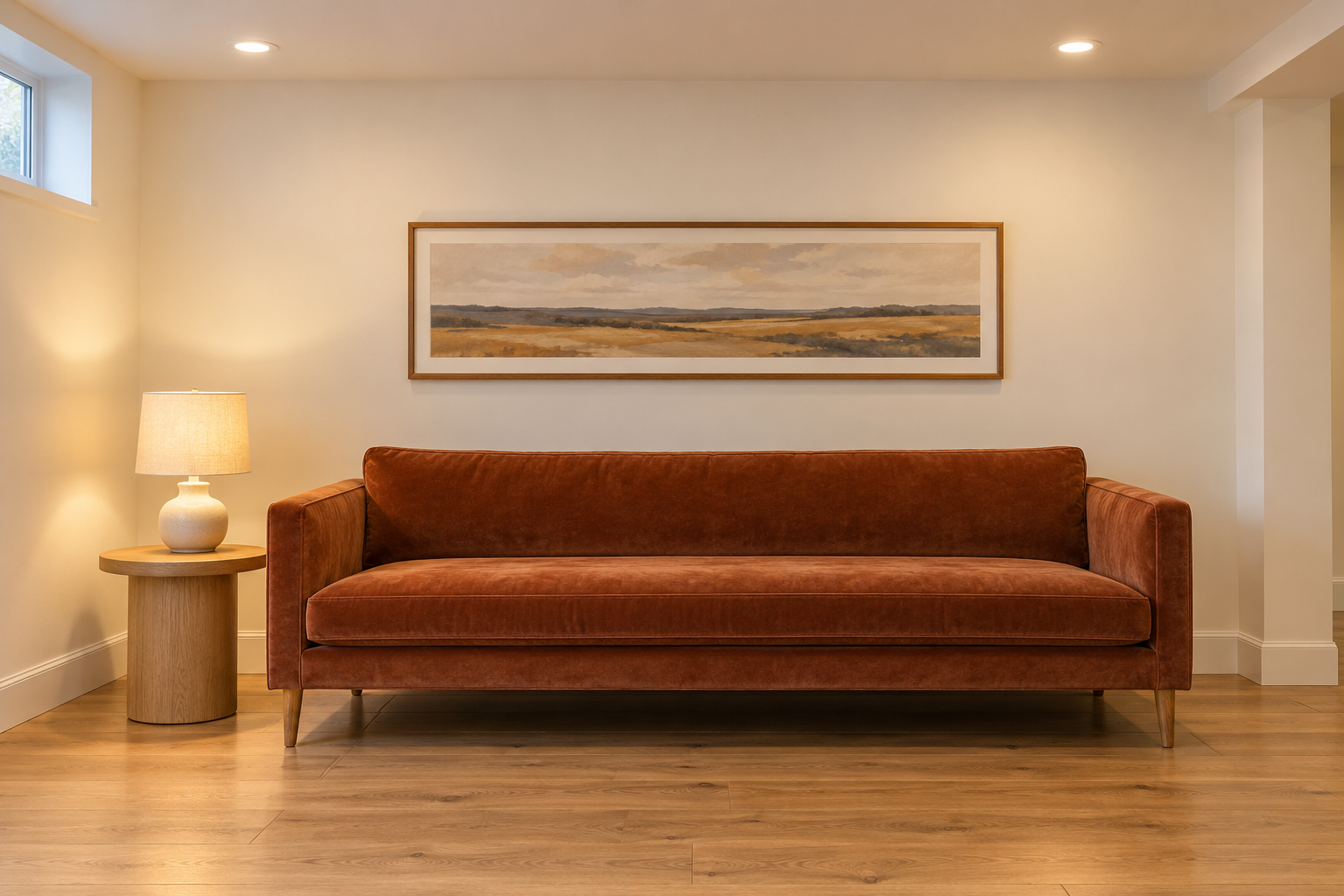 A low bench-seat sofa in rust velvet and a low side table in a basement living room with cream walls, leaving plenty of open wall below the low ceiling.