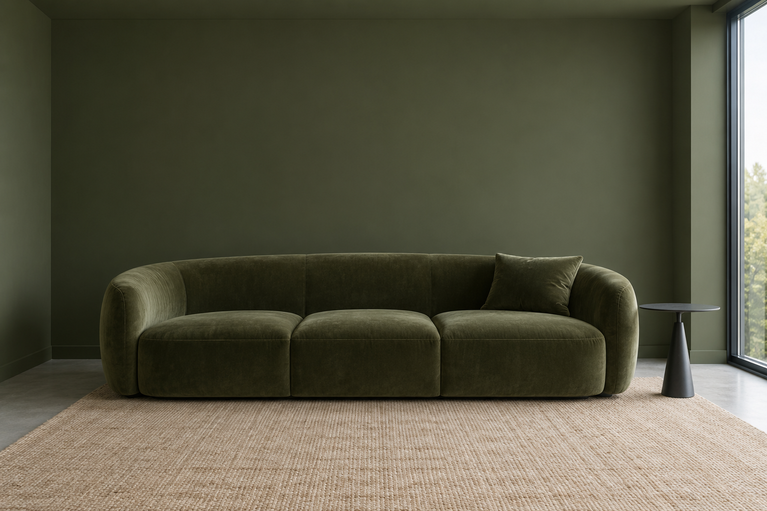 A curved moss green velvet sofa against a wall painted the same moss green, beside a small black side table.