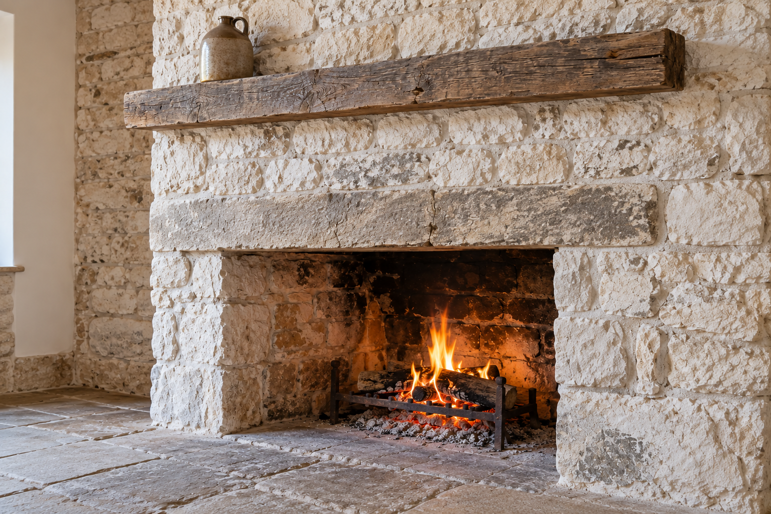 A thick weathered oak beam used as a mantel above a wide stone fireplace with a small fire burning.