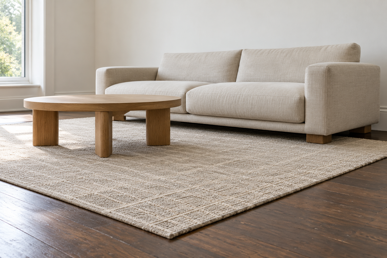 An oatmeal flatweave wool rug with a faint woven grid lying flat on a dark oak floor, with the front legs of a low sofa resting on it.