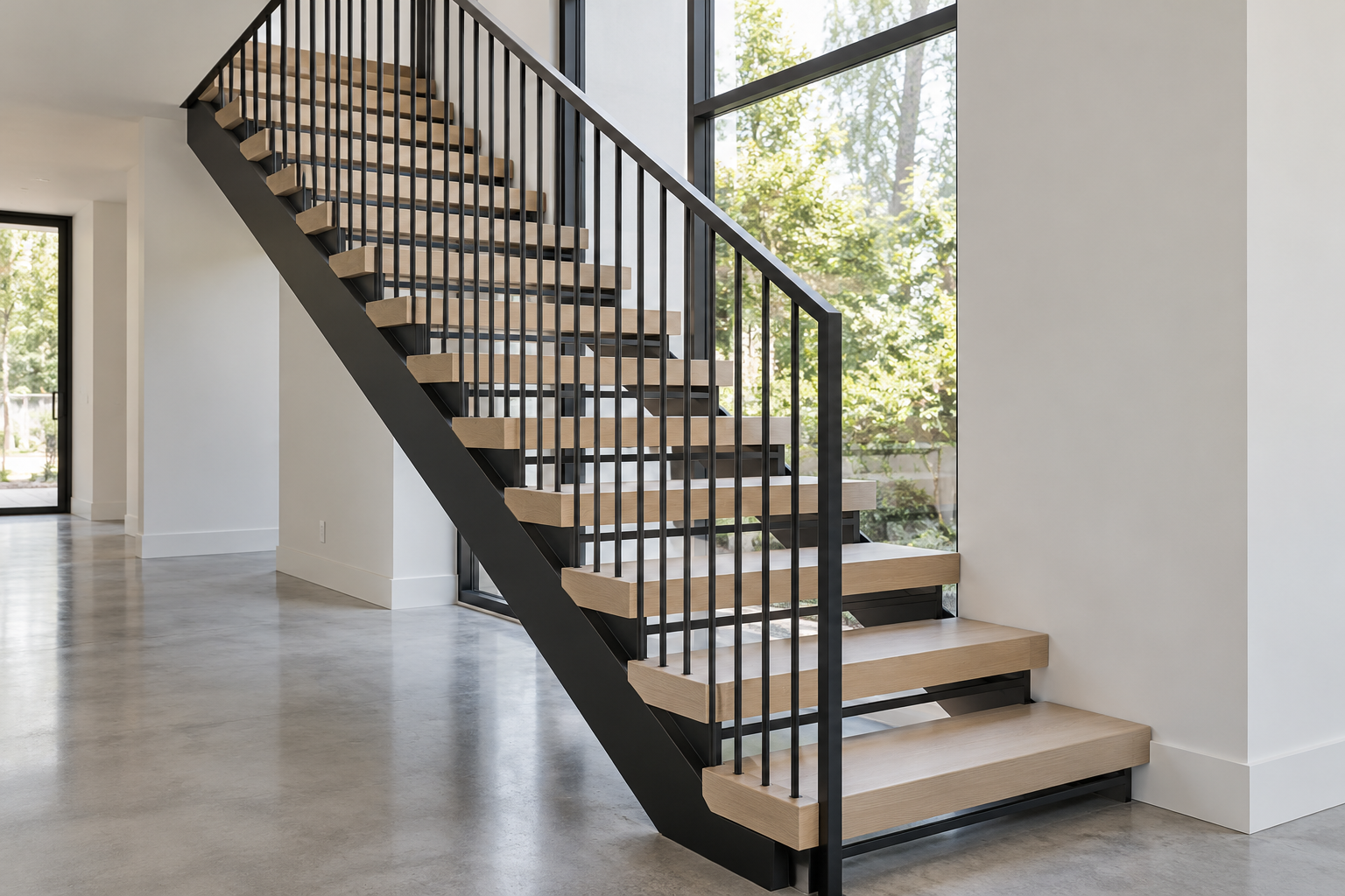 An open riser staircase of thick ash treads with a thin black steel bar across each gap and a slim black steel railing, with daylight passing between the treads.