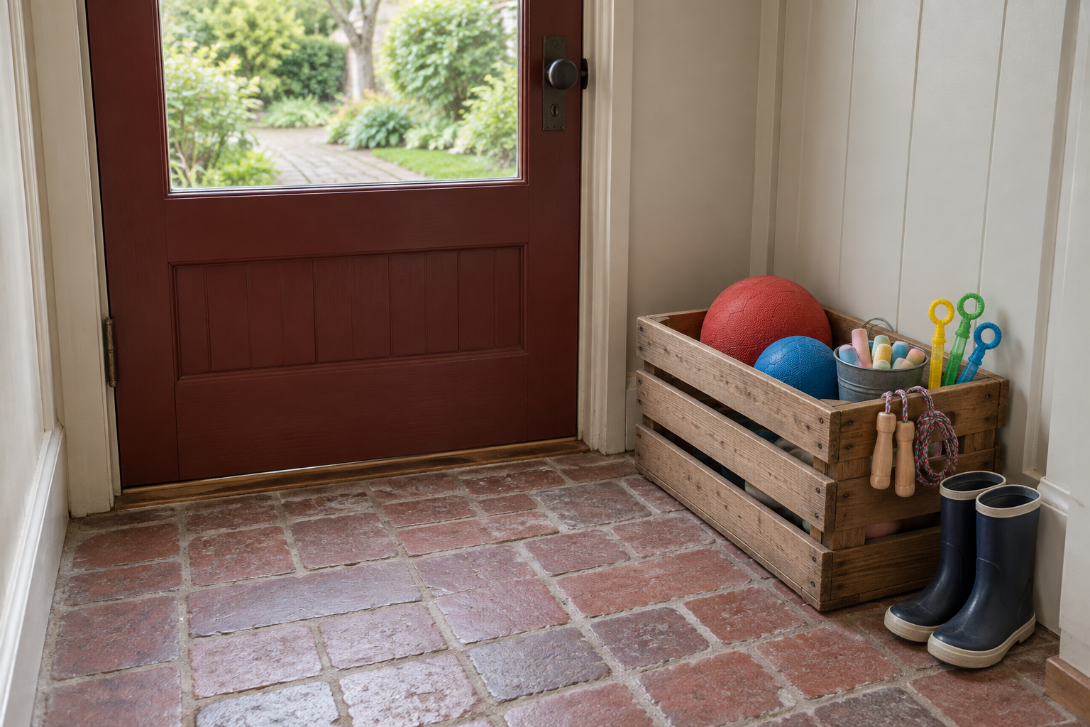 A slatted wooden crate of balls, chalk, and a jump rope beside an oxblood red back door on a brick floor.