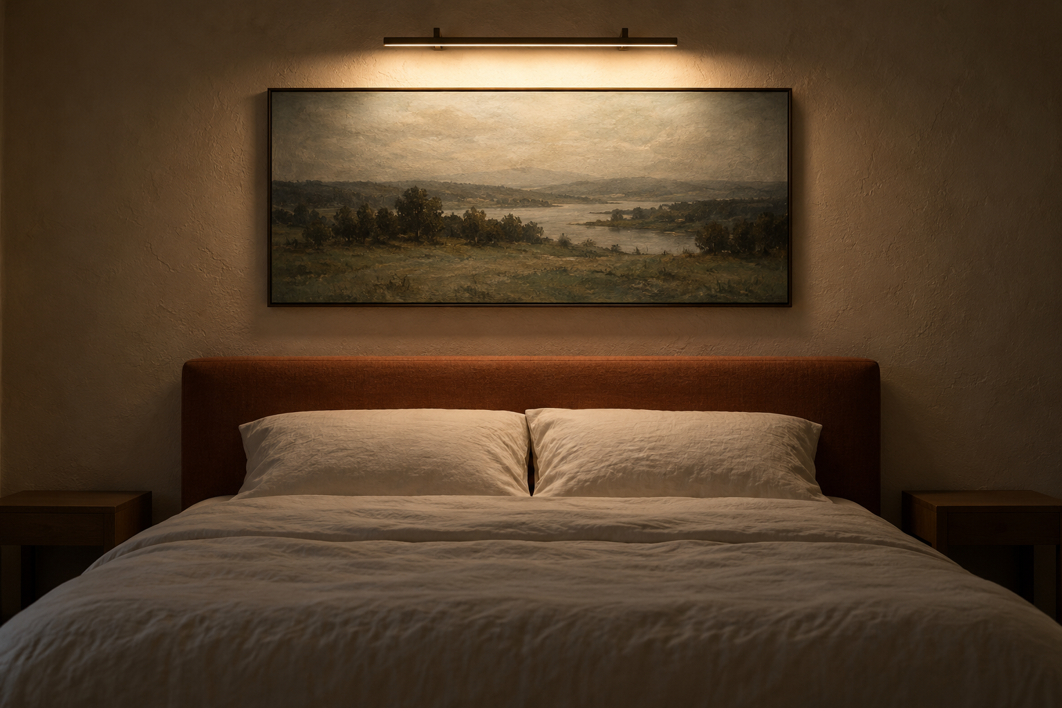 A picture light over a landscape painting lighting the plaster wall above a rust linen headboard.