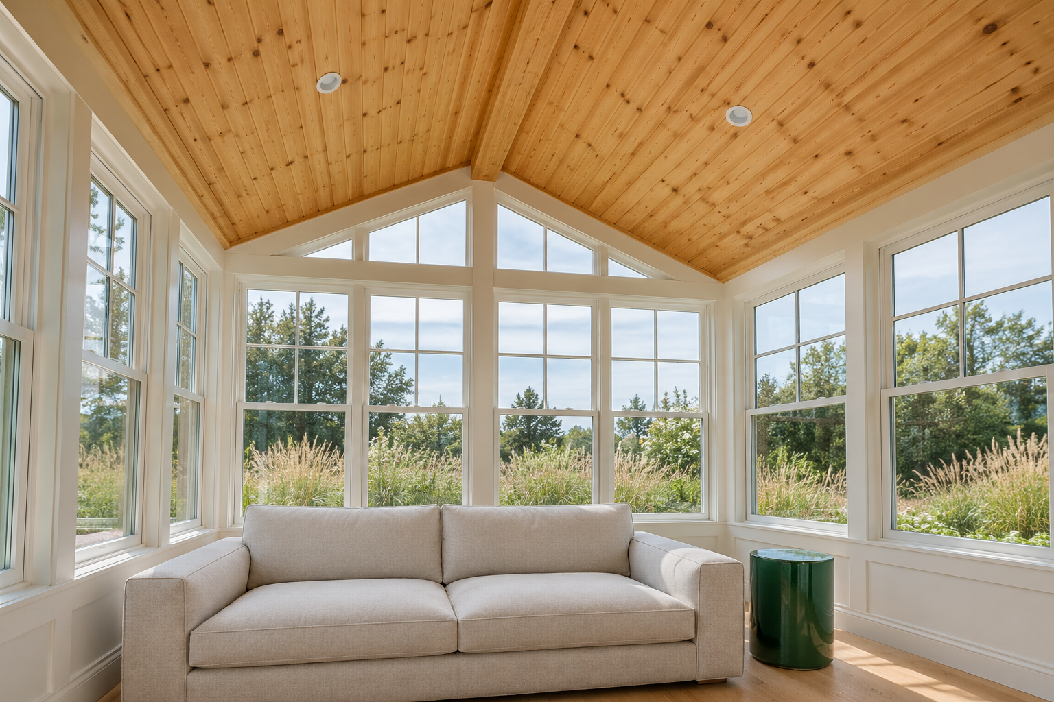 A sunroom ceiling of honey pine tongue and groove boards running toward the garden, above white-framed glass walls, an oatmeal sofa, and an emerald green lacquered side table.