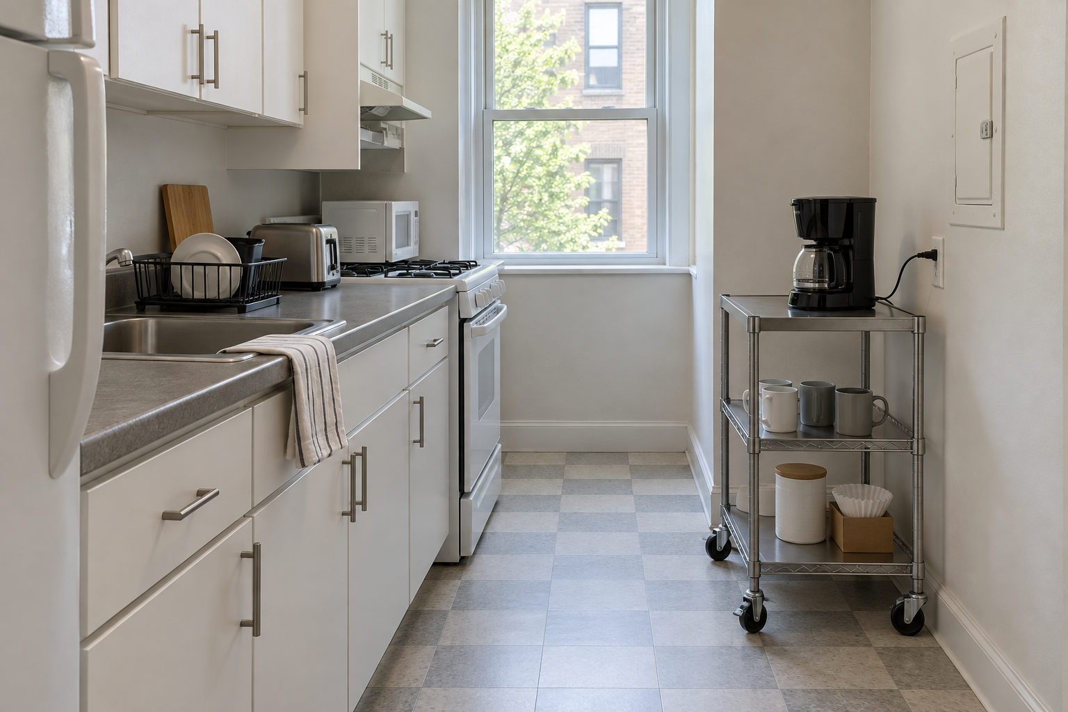 A steel cart holding a coffee maker and mugs, parked by an outlet at the end of a narrow white galley kitchen.