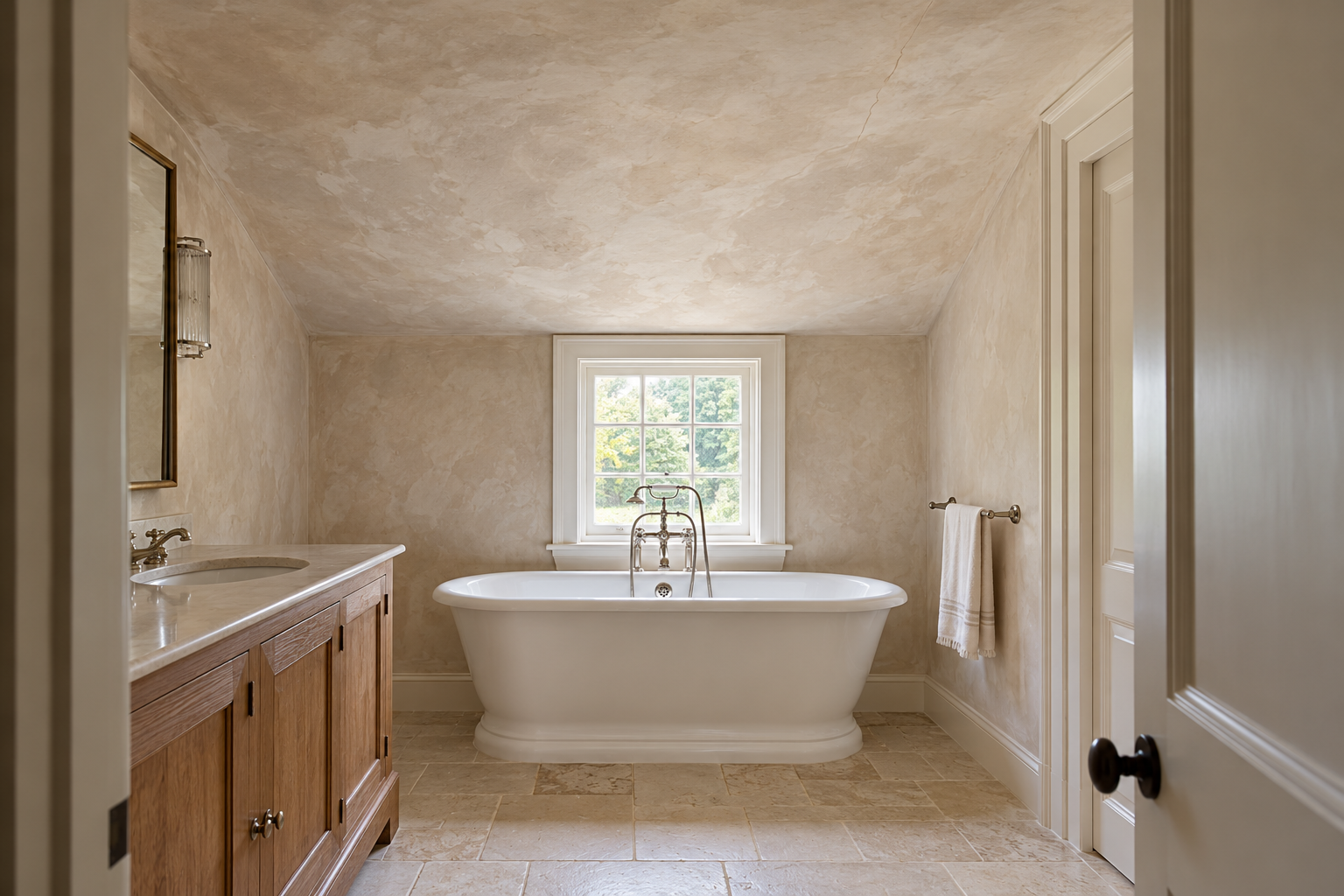 A bathroom with walls and ceiling in a warm stone limewash whose soft clouded texture is visible overhead, above a freestanding bath.