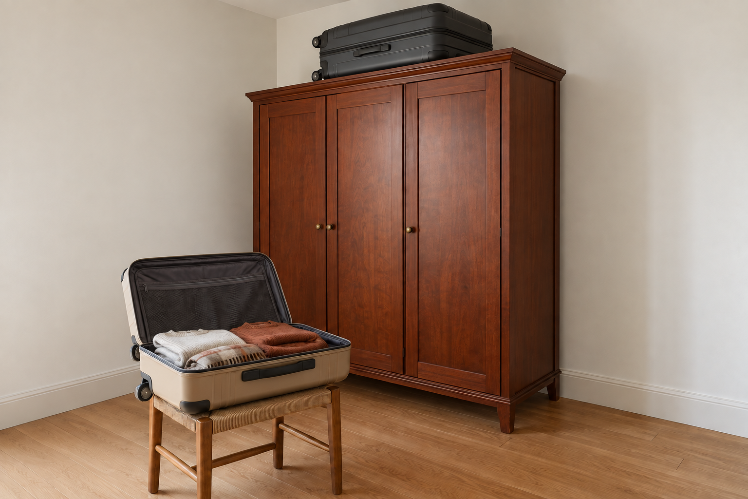 Hard-shell suitcases on top of a cherry wardrobe, with one open below holding folded winter sweaters.