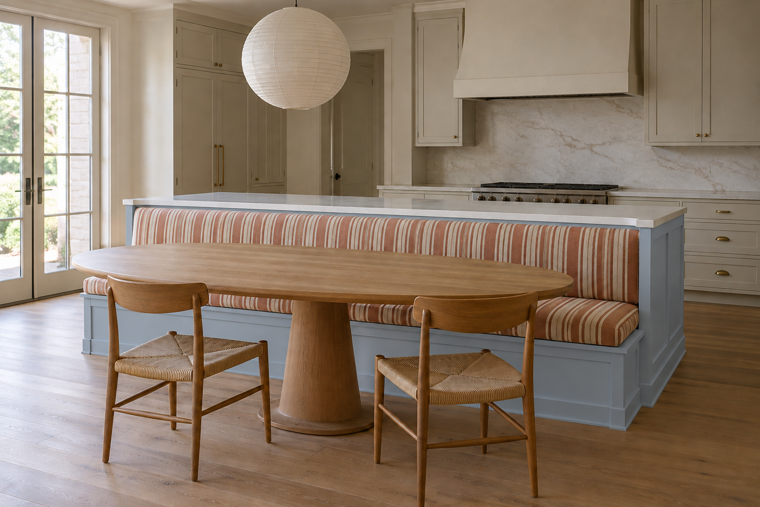 A striped upholstered bench built against the back of a pale blue island, with an oval pedestal table and two chairs in front of it.