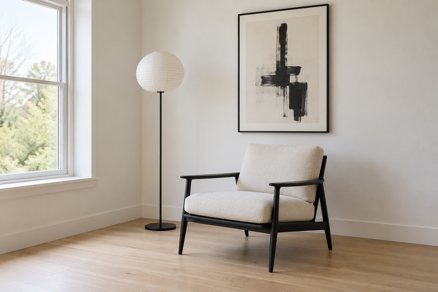 A pale living room corner with a lounge chair on a black stained frame, a slim black iron floor lamp, and one picture in a thin black frame on the white wall.