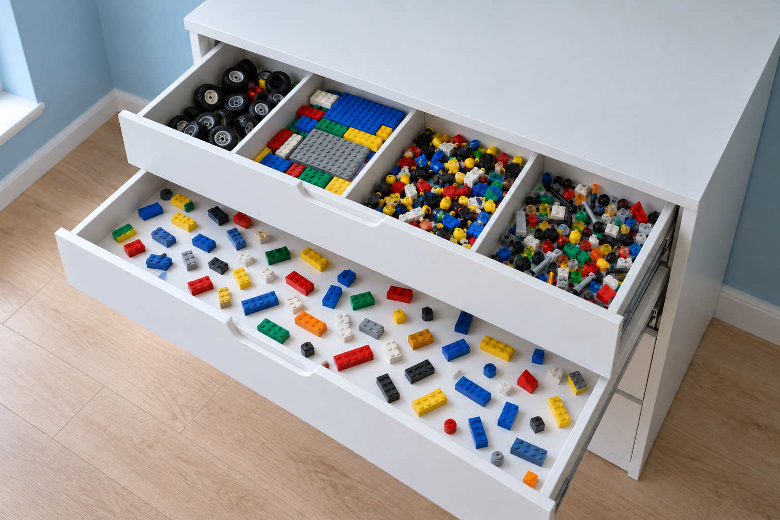 Two shallow drawers of building bricks, one divided into wheels, plates, and small parts, the other holding mixed bricks in a single layer.